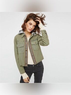 Free People Olive and Gray Layered Hood Jacket